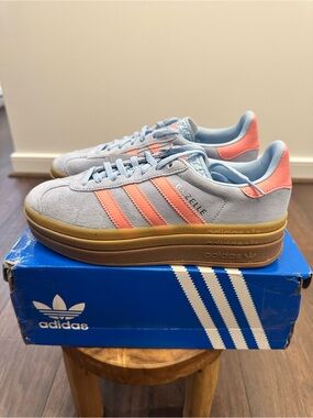 Adidas Gazelle Bold Platform Sole Light Blue Suede w/ Pink Stripe Shoes, Size: 5